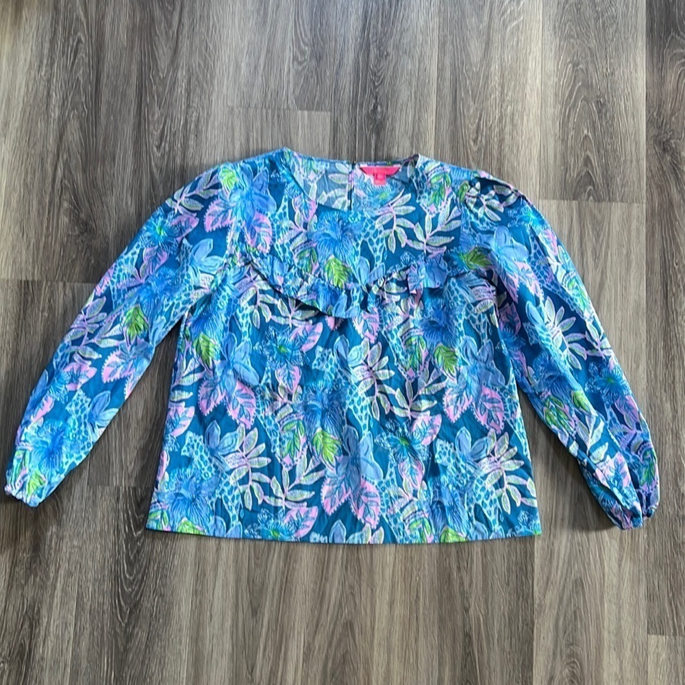 Lilly Pulitzer Blue Bell Sleeve Blouse XL Multicolor Ruffle Cotton Top Summer - Picture 2 of 11